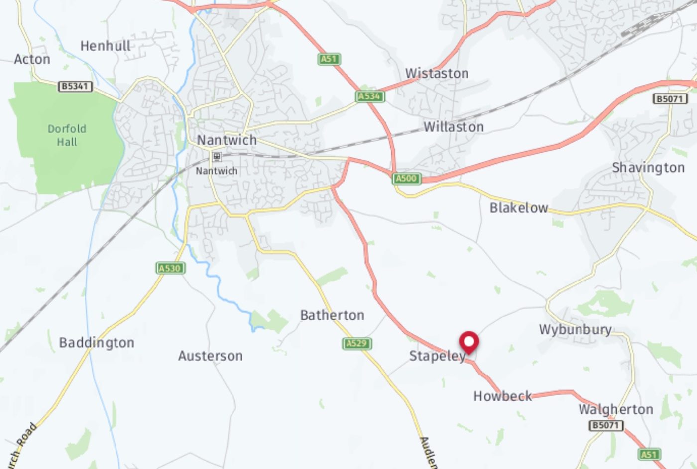 Map showing Stapeley, just south-east of Nantwich, between the A529 and Wybunbury